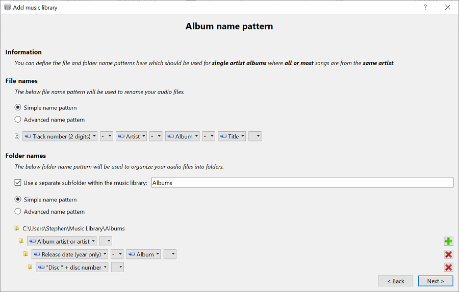 Use different name patterns for single artist albums, compilation albums and single tracks.
